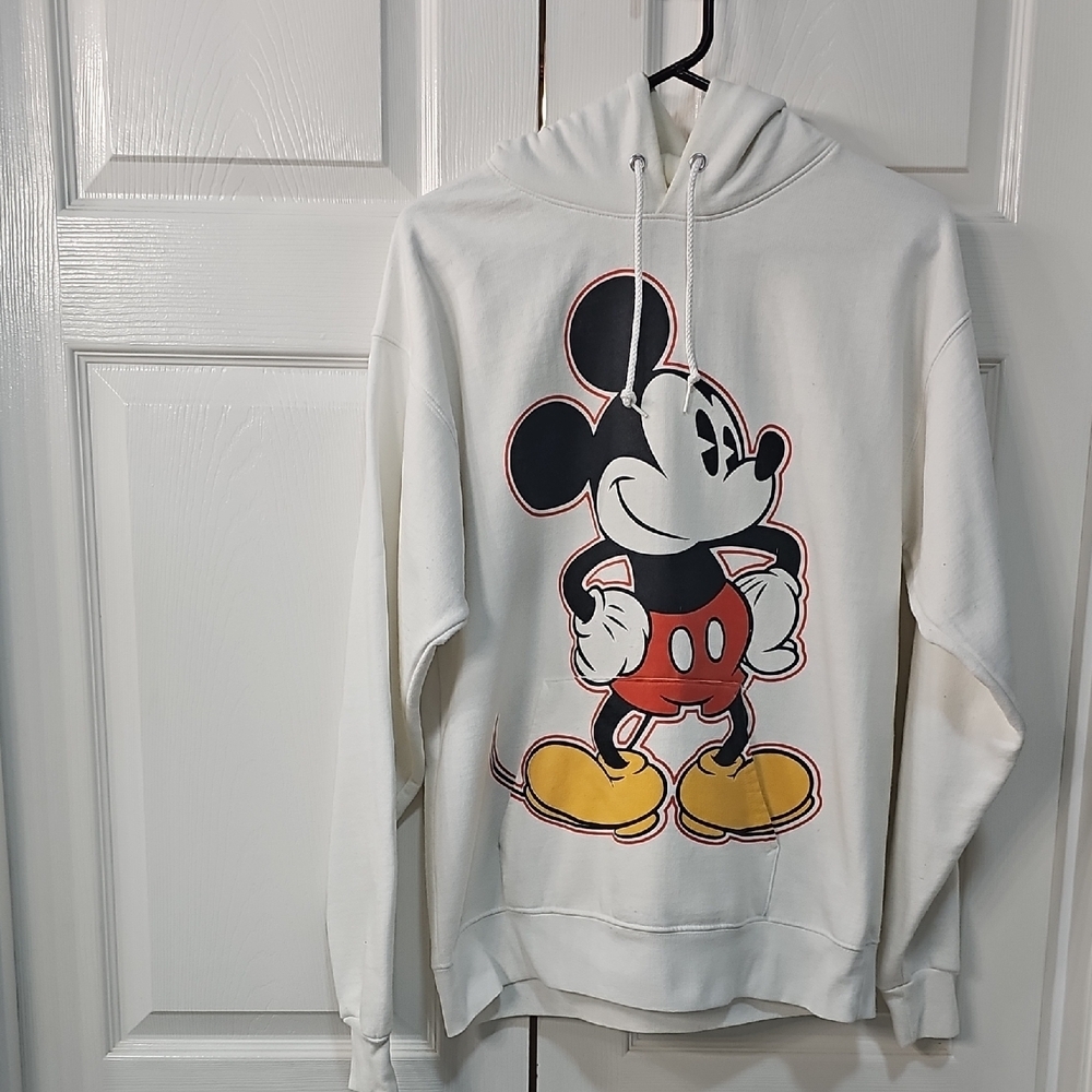 Hanes Ecosmart White Hoodie Mickey Mouse Cartoon Character Print Medium Like New